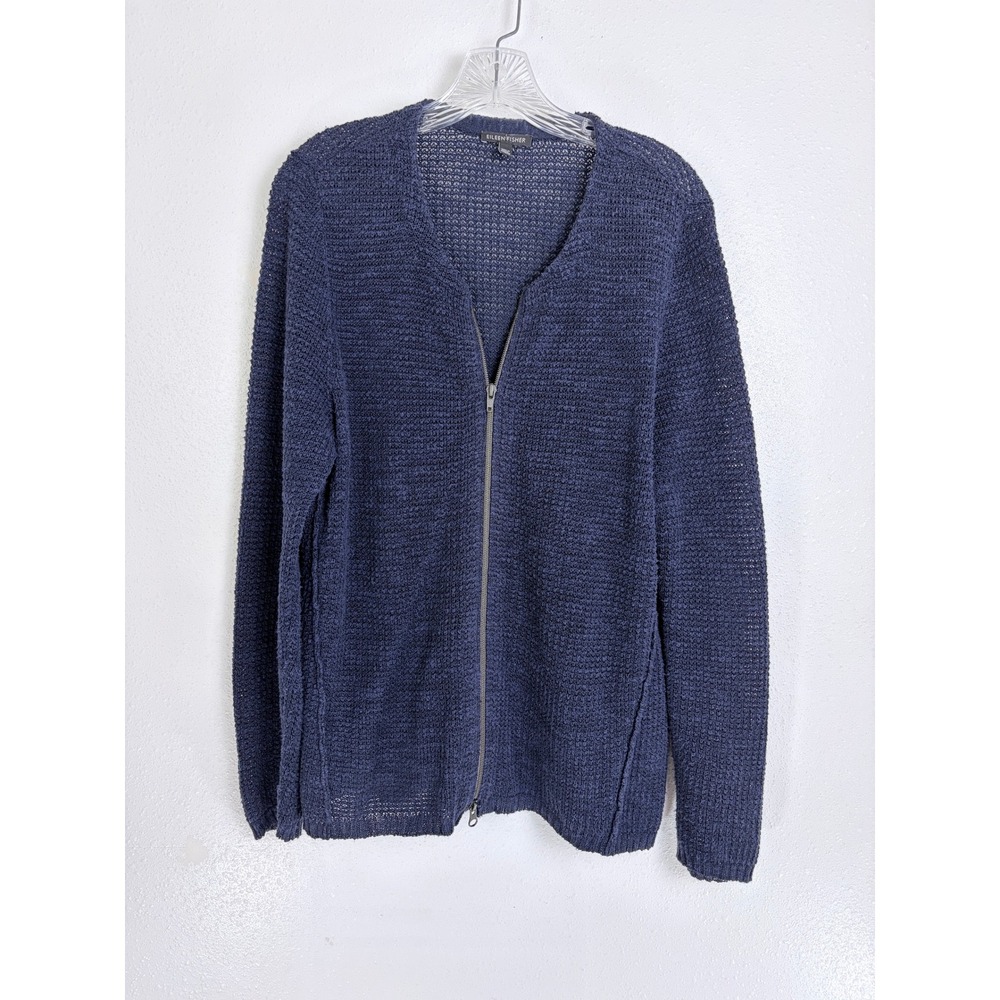 Eileen Fisher Cardigan Blue Zip Front Textured Open Knit Sweater Large